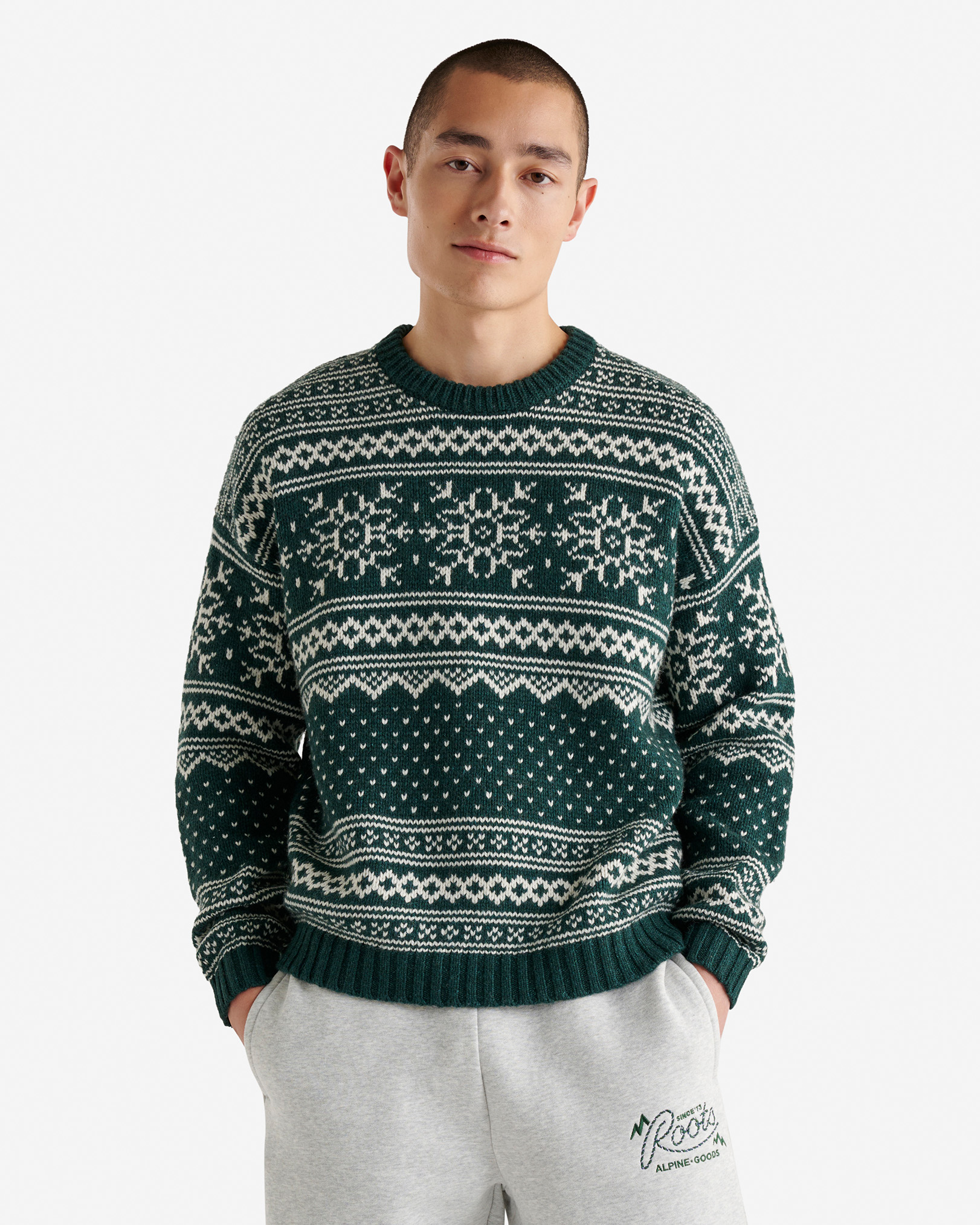 Roots Falling Snow Fair Isle Crew Shirt in Varsity Green