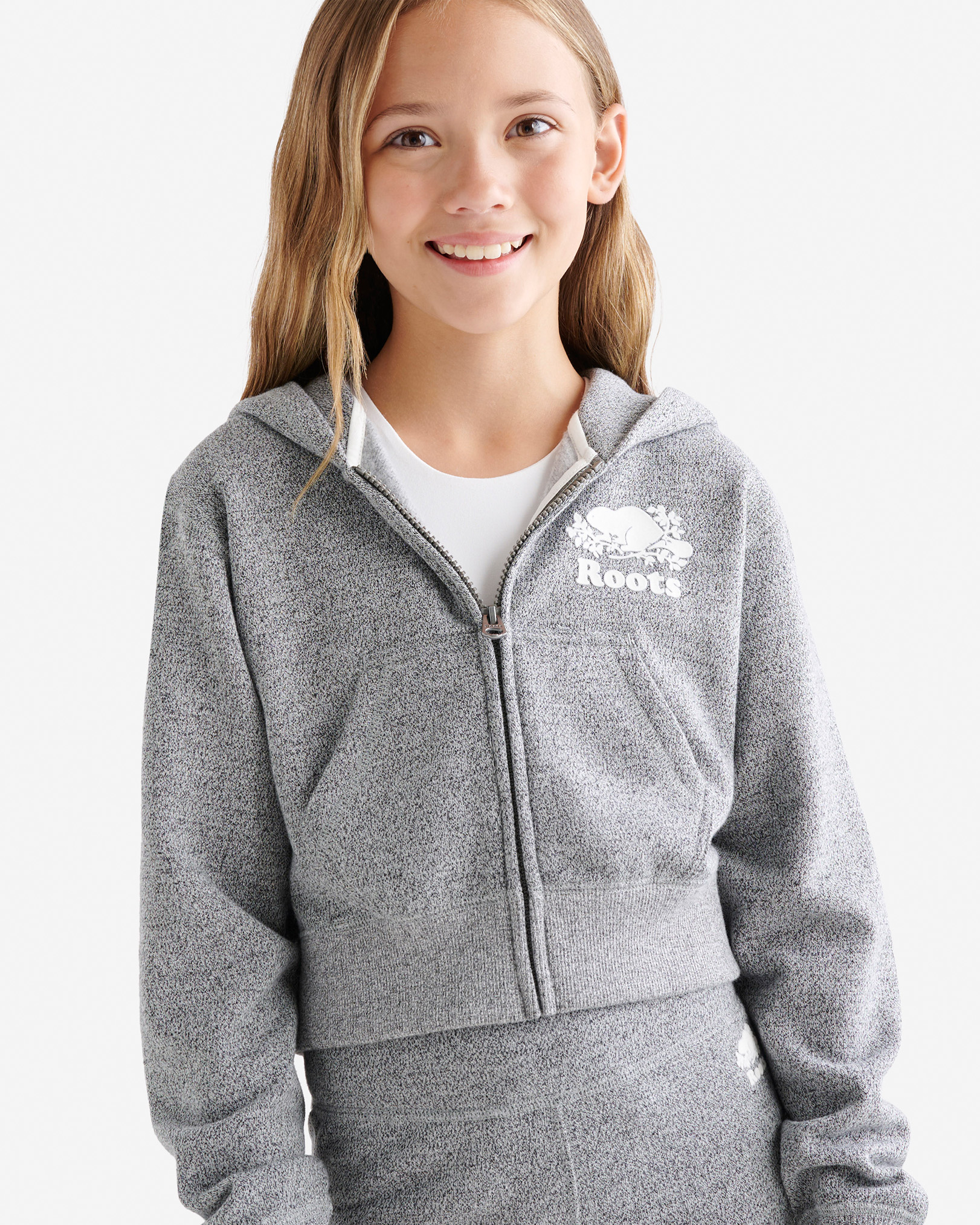 Roots Girl's Organic Cooper Shrunken Zip Hoodie in Salt/Pepper