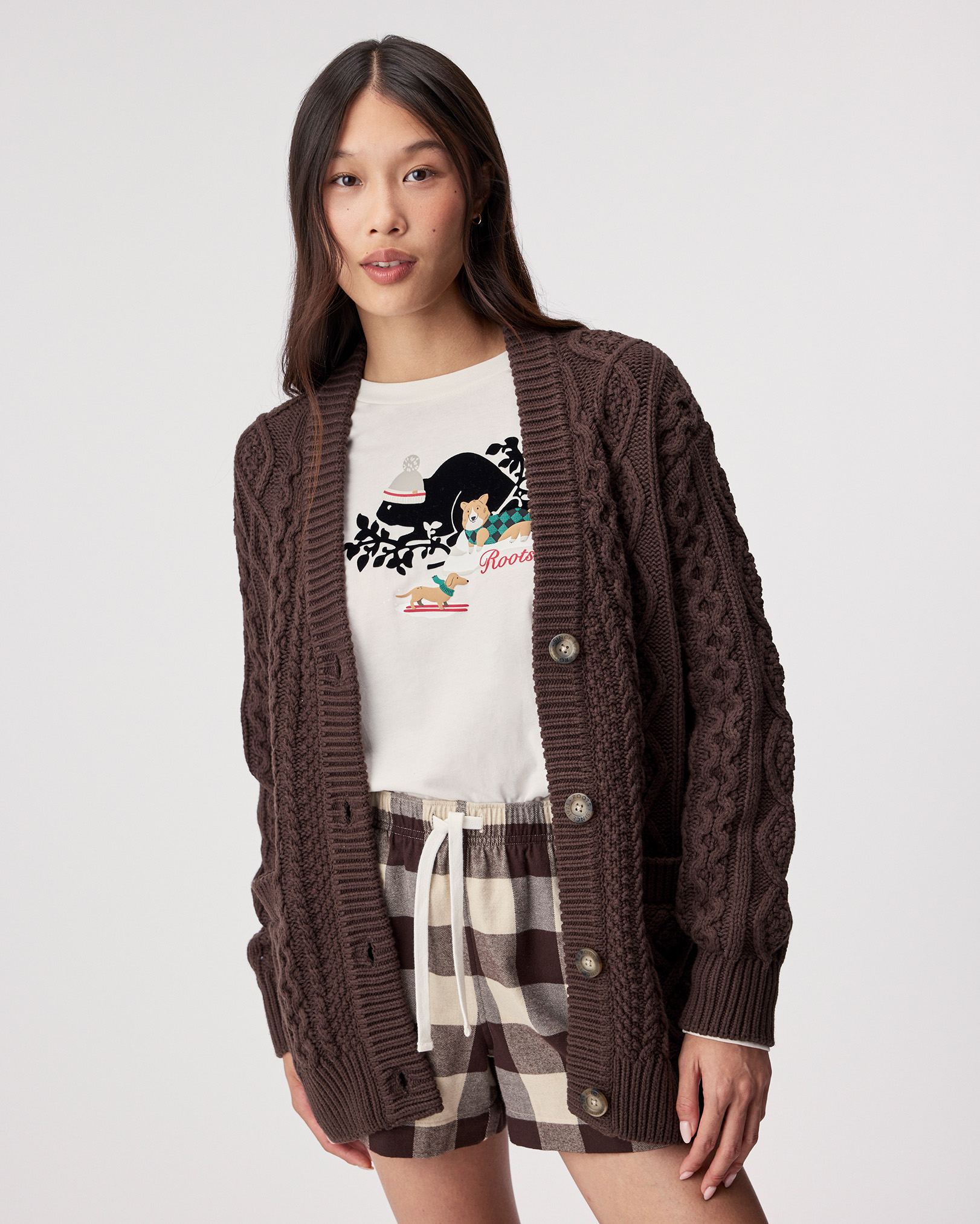 Roots Cable Knit Cardigan in Black Coffee Mix Brown