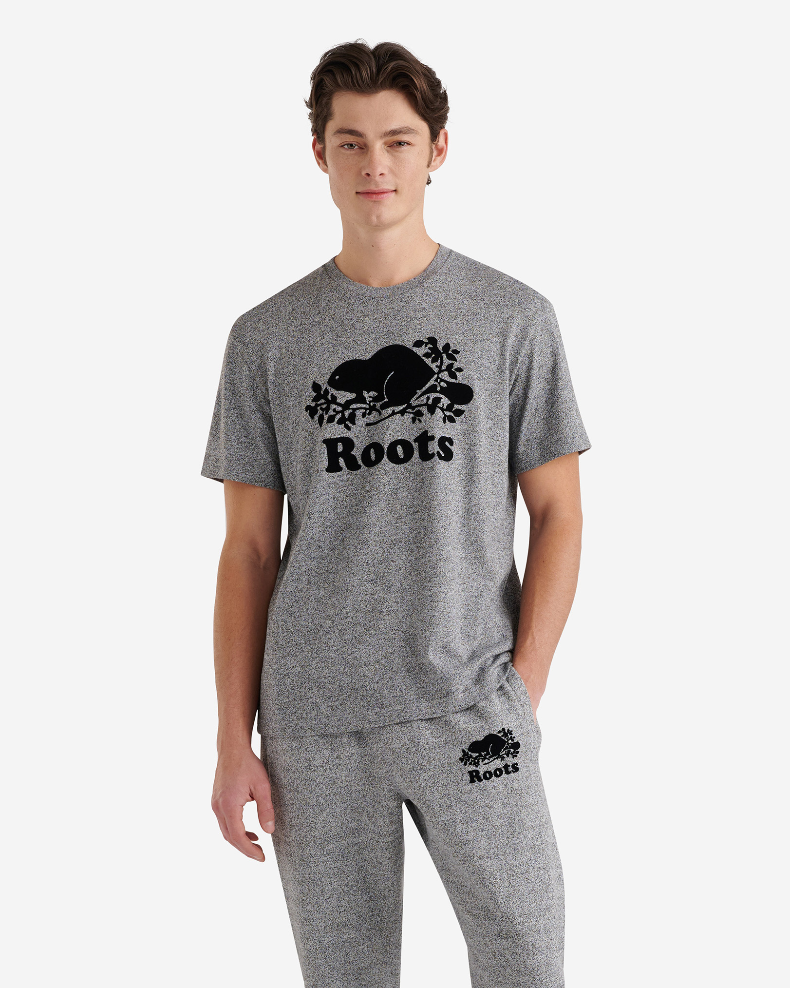 Roots Men's Organic Cooper Beaver T-Shirt in Salt/Pepper