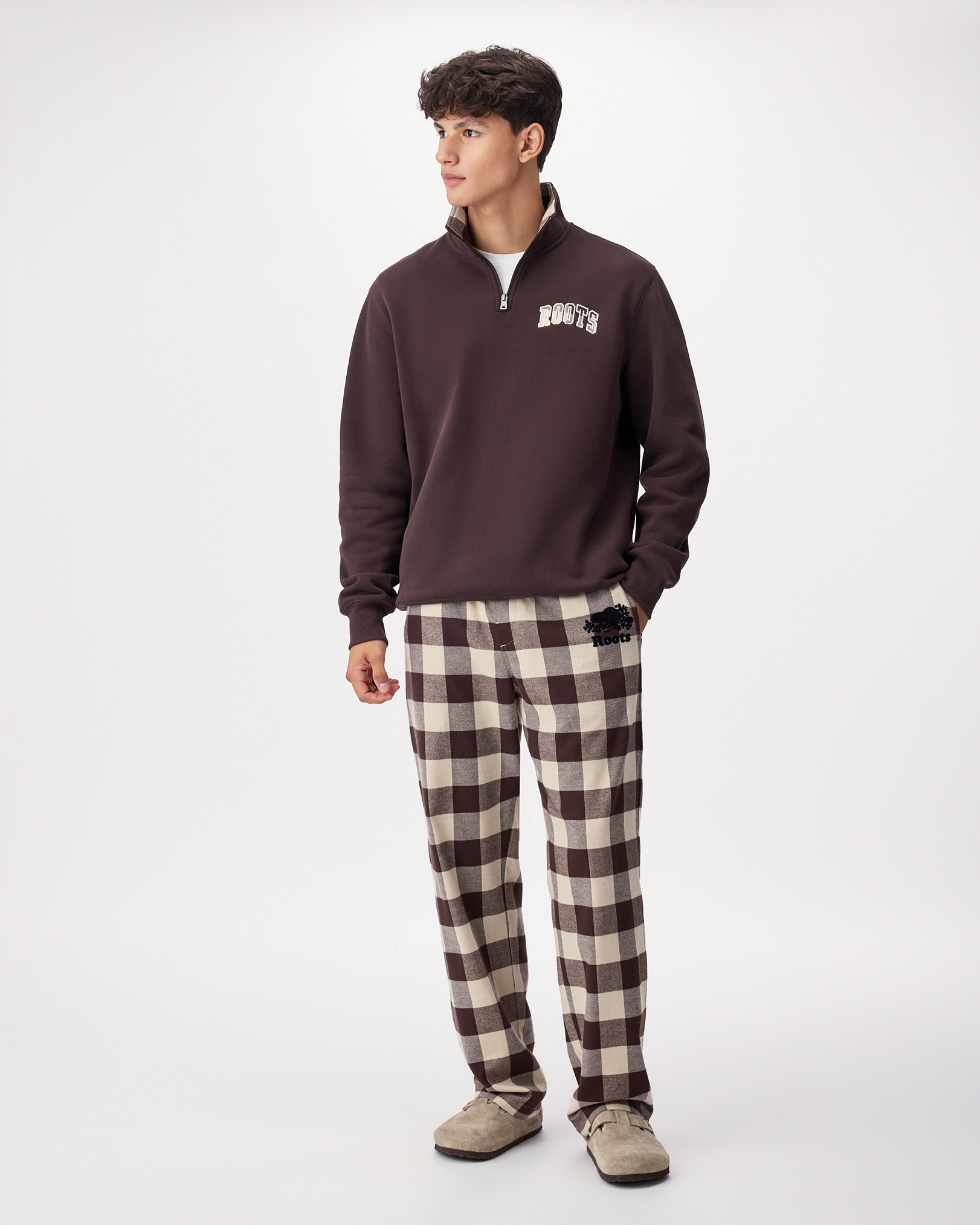 Roots Men's Plaid Pajama Pant in Black Coffee Brown