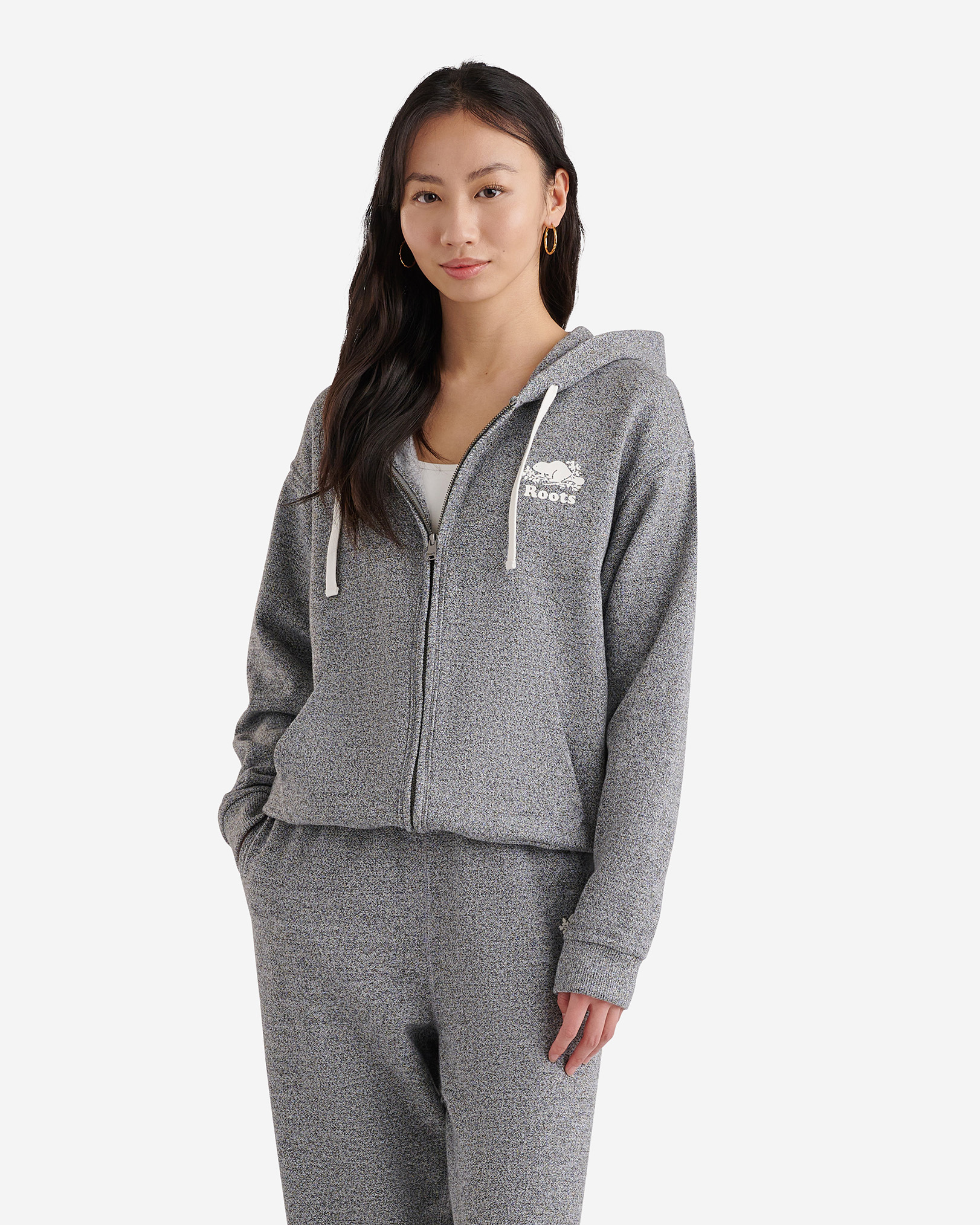 Roots Organic Original Relaxed Full Zip Hoodie in Salt/Pepper