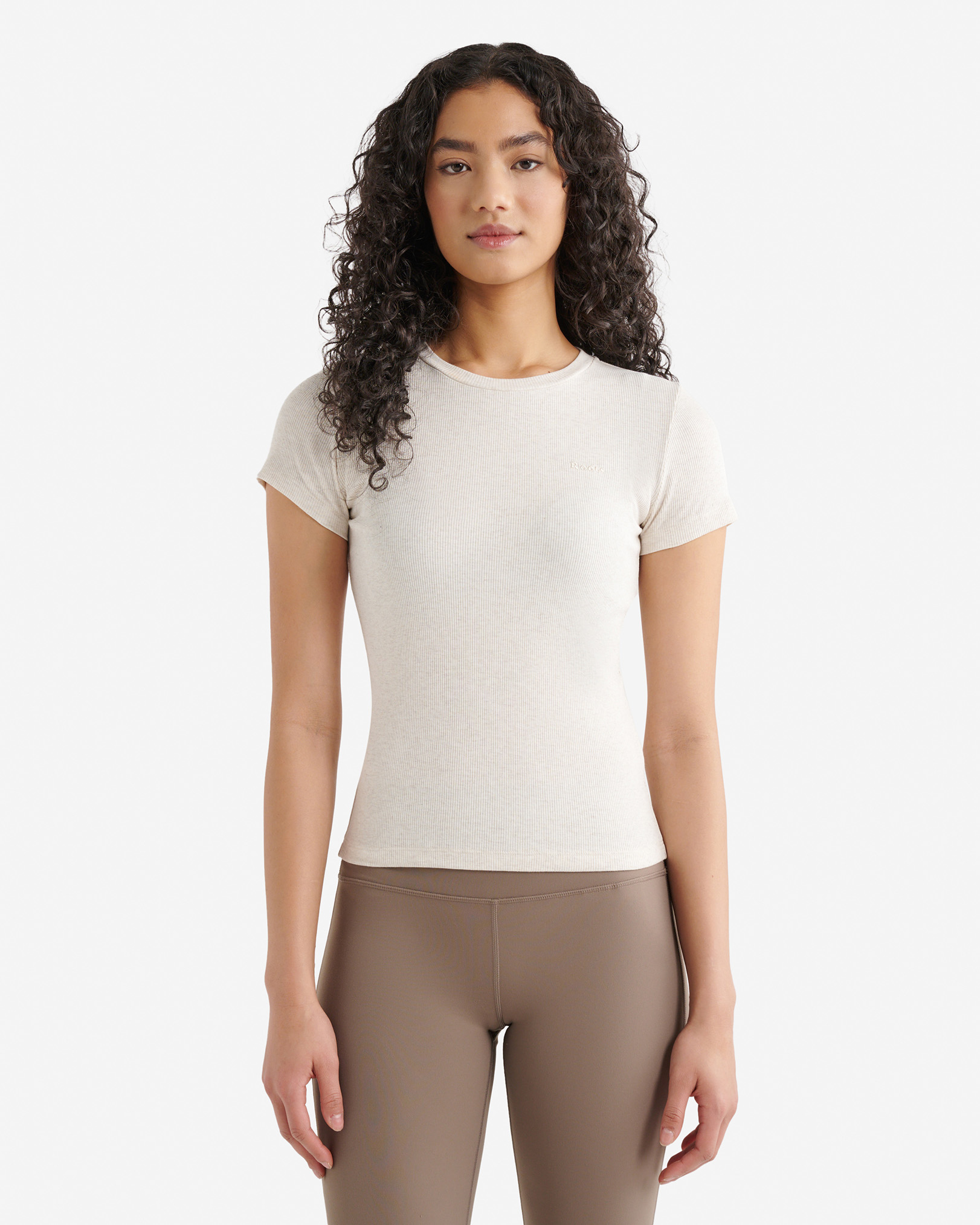 Roots Roam Rib Fitted Short Sleeve Top in Oatmeal Mix Brown