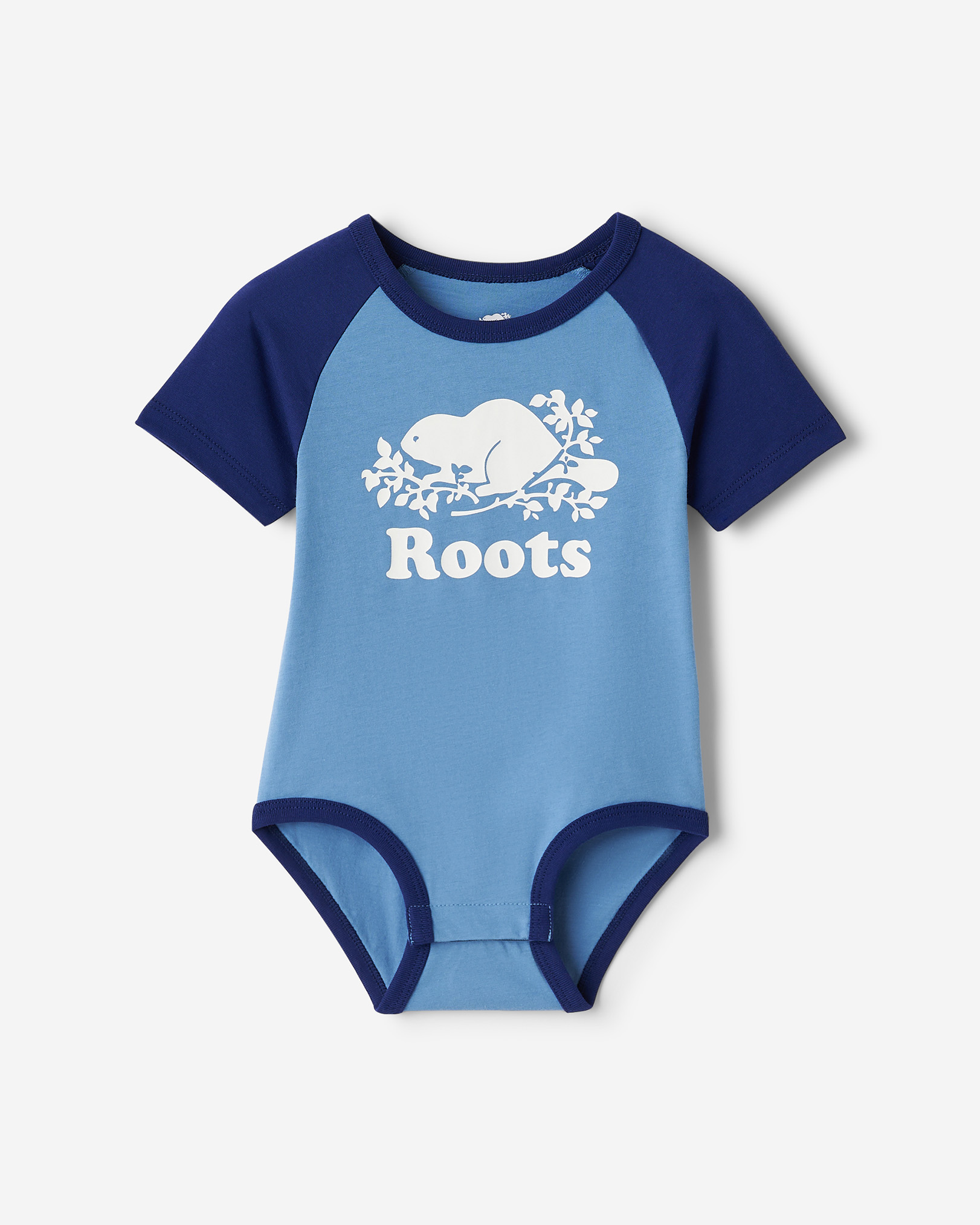 Roots Baby Organic Cooper Baseball Short Sleeve Bodysuit in Gulf Blue