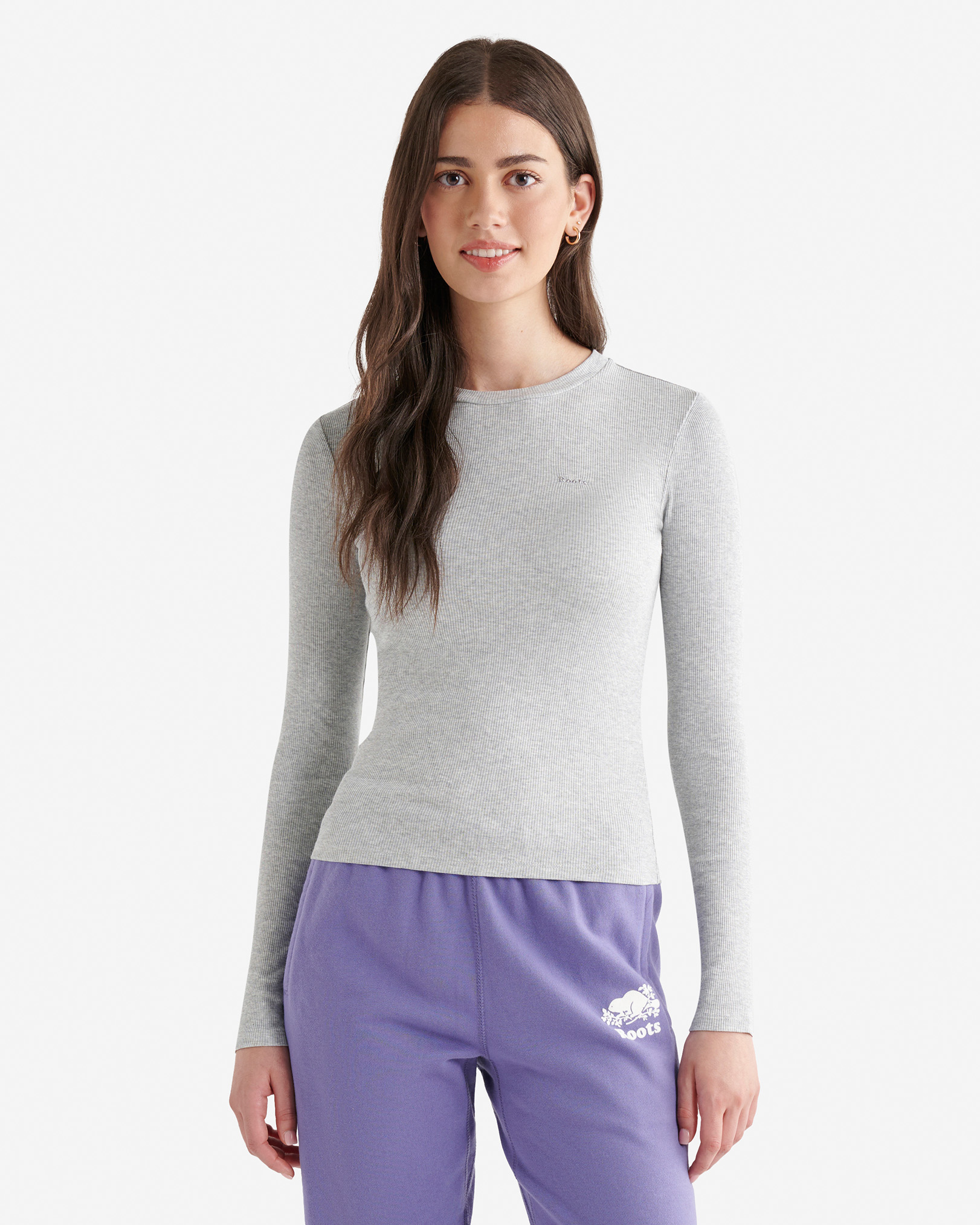 Roots Roam Rib Fitted Long Sleeve Top in Cool Grey Mix