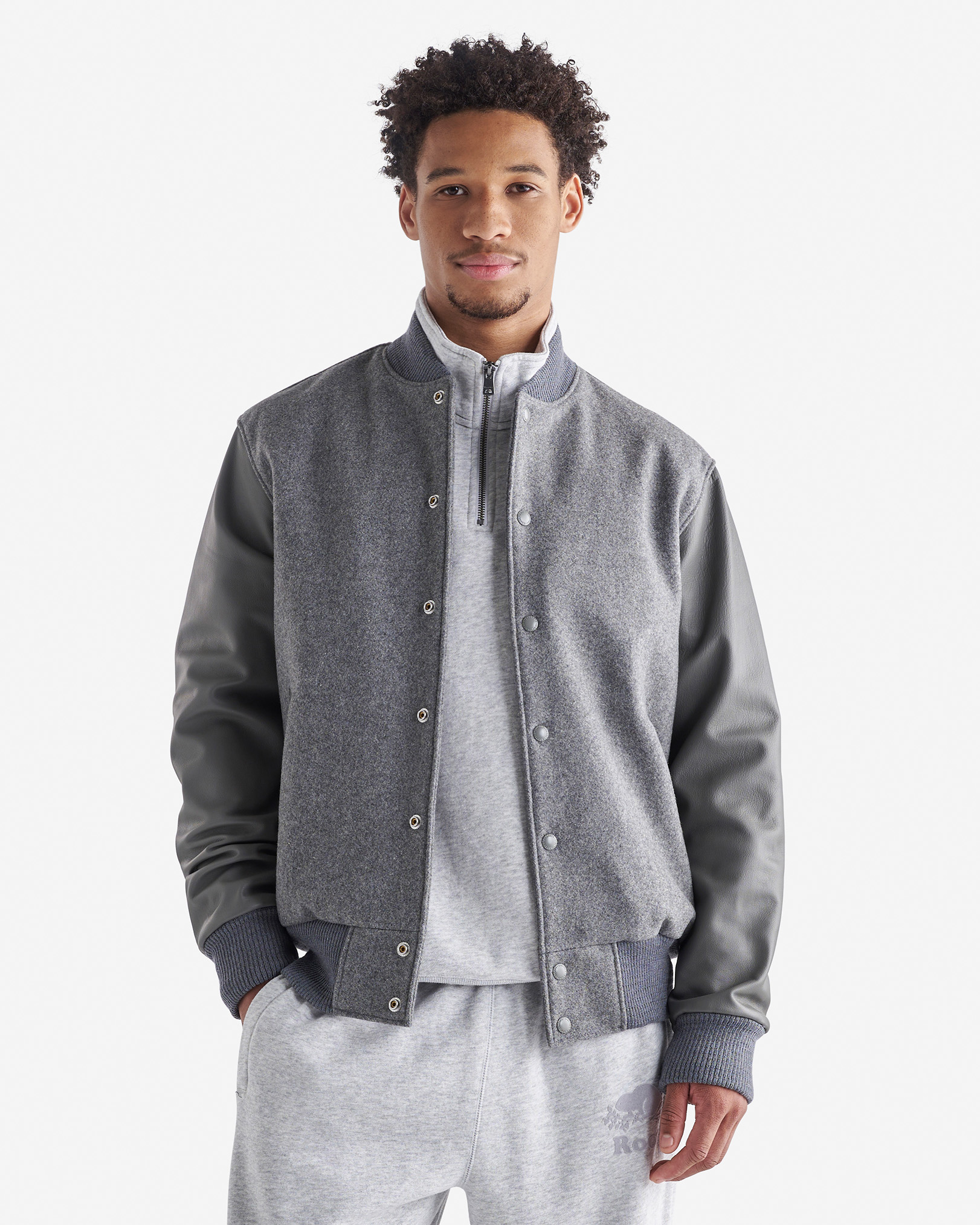 Roots Men's Classic Varsity Jacket in Grey Mix