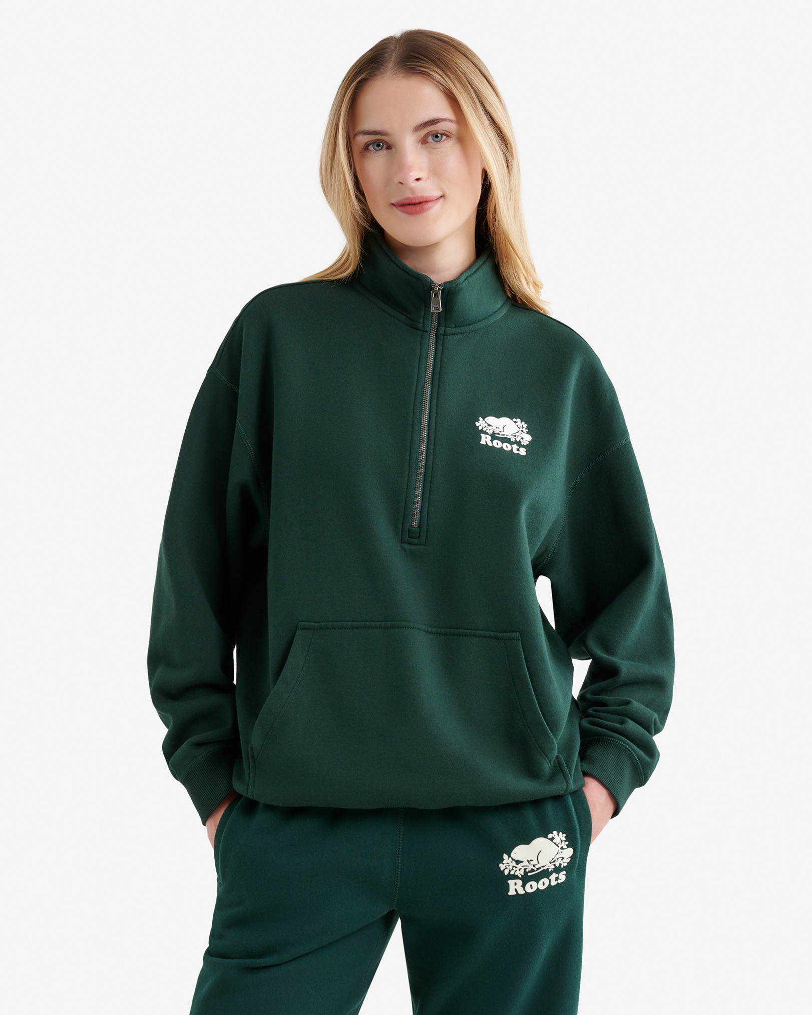 Roots Organic Cooper Relaxed Quarter Zip Stein in Varsity Green