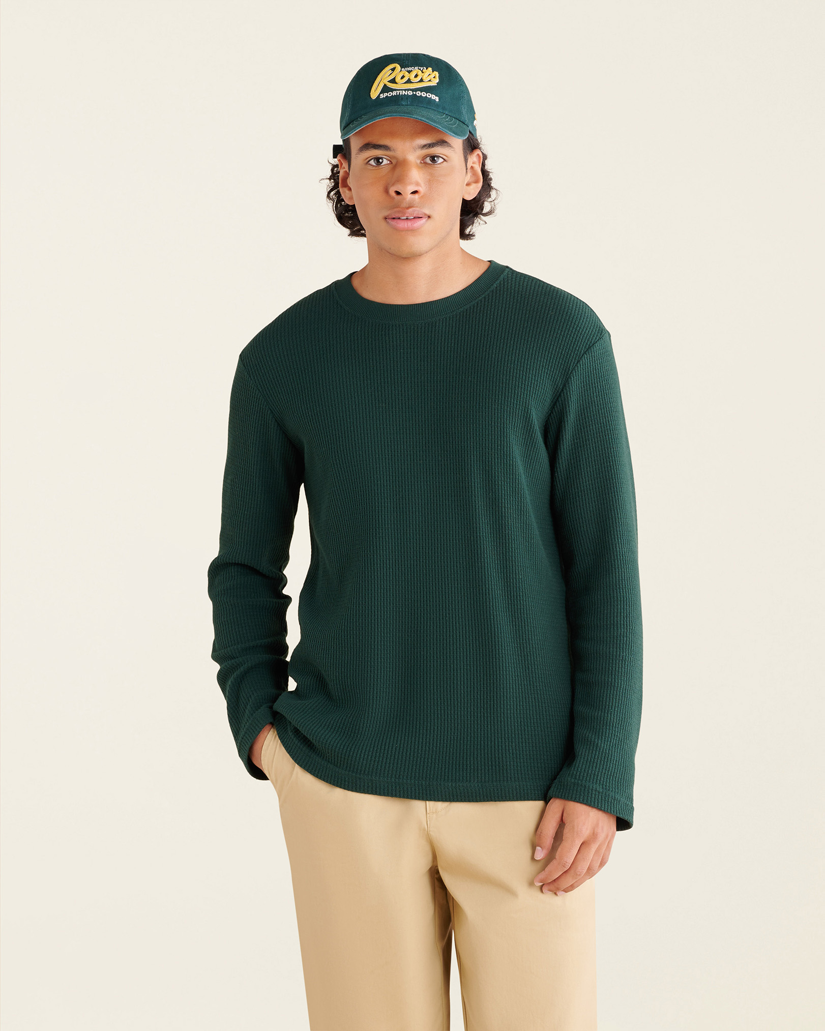Roots Waffle Long Sleeve Crew Top in Varsity Green