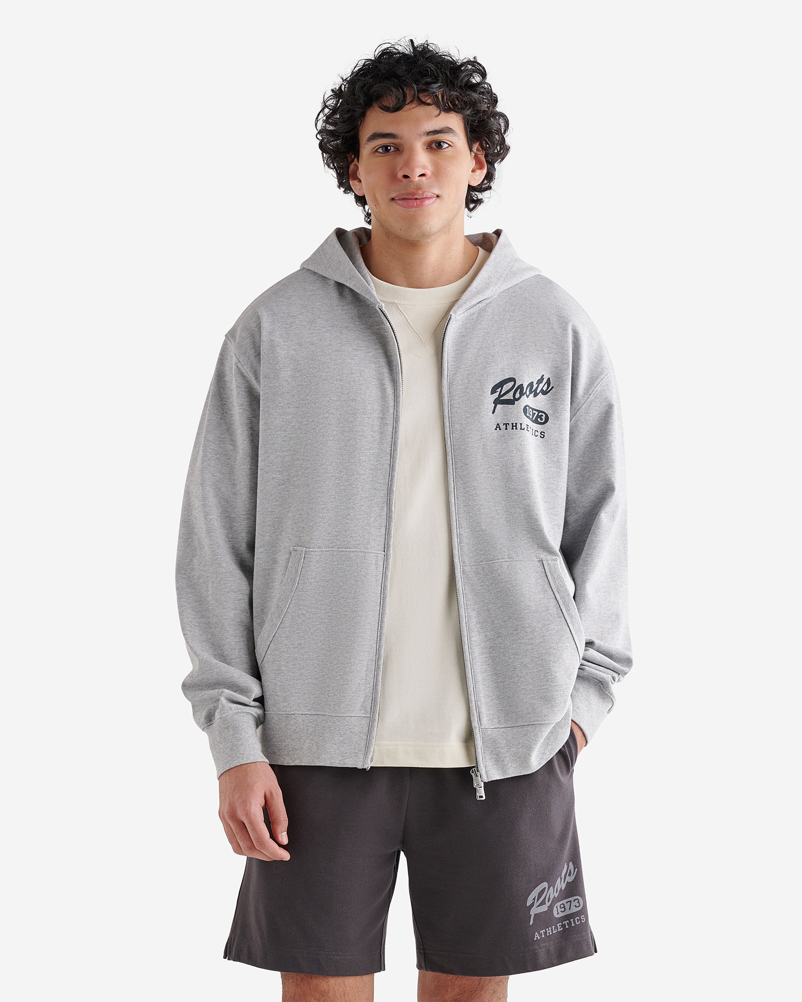Roots Warm-Up Jersey Long Sleeve Full Zip Hoodie T-Shirt in Heather Grey