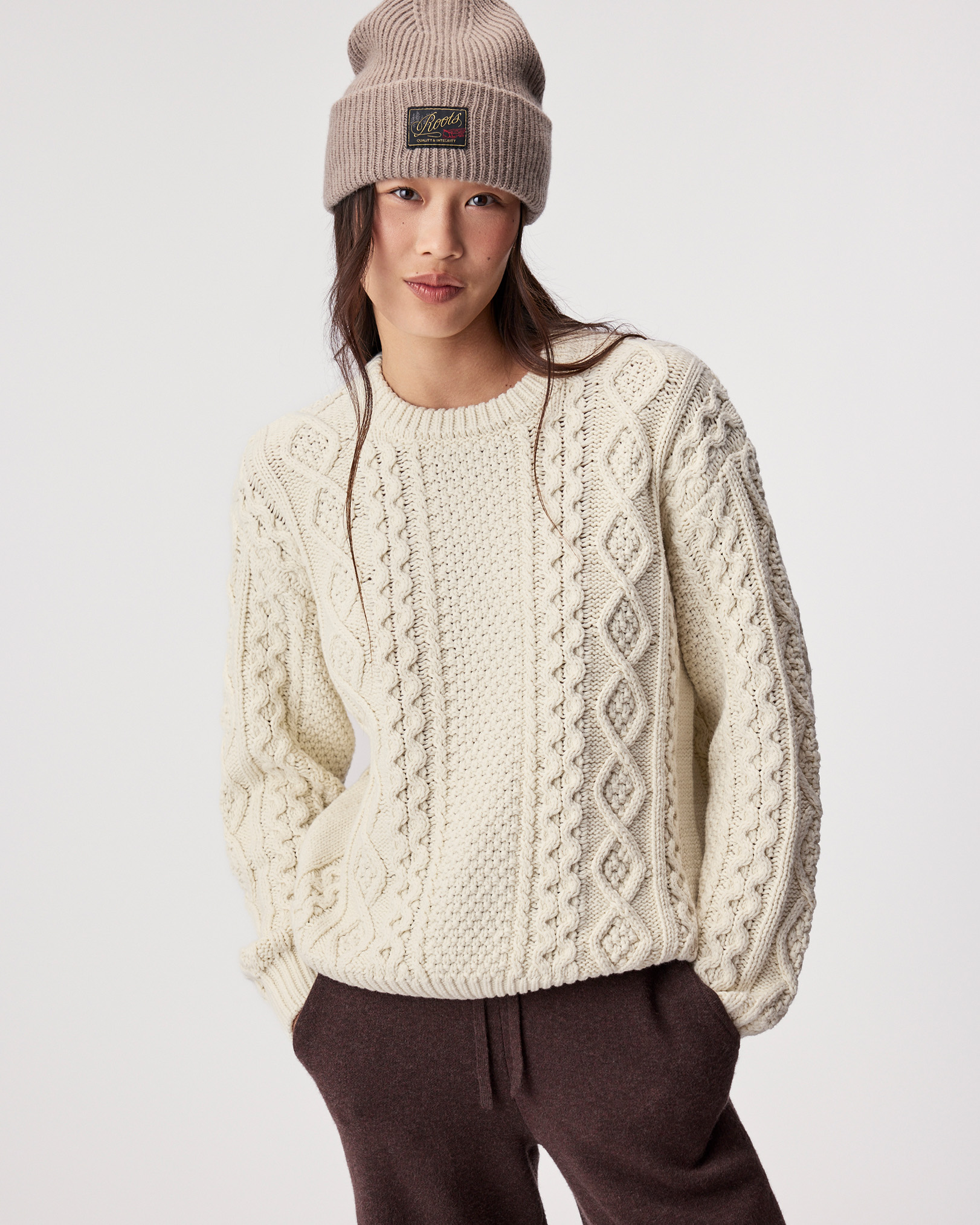 Roots Cable Knit Crew Sweater in Birch White