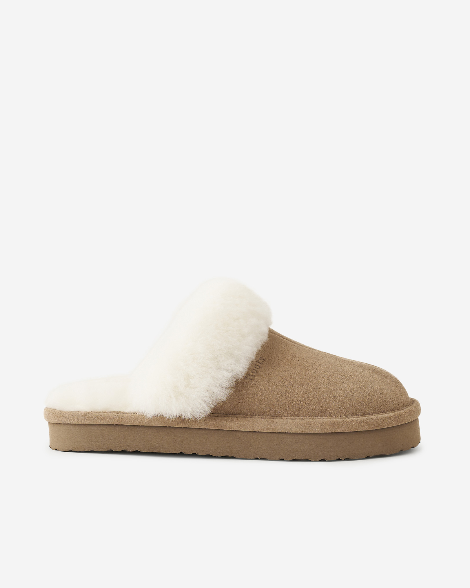 Roots Women's Shearling Platform Slipper in Fawn