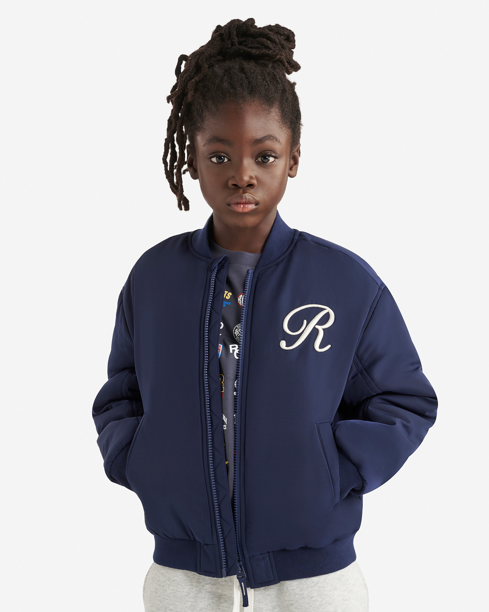 Kids Roots Signature Varsity Jacket - Indigo Ink Kids Roots Signature Varsity Jacket - Indigo Ink