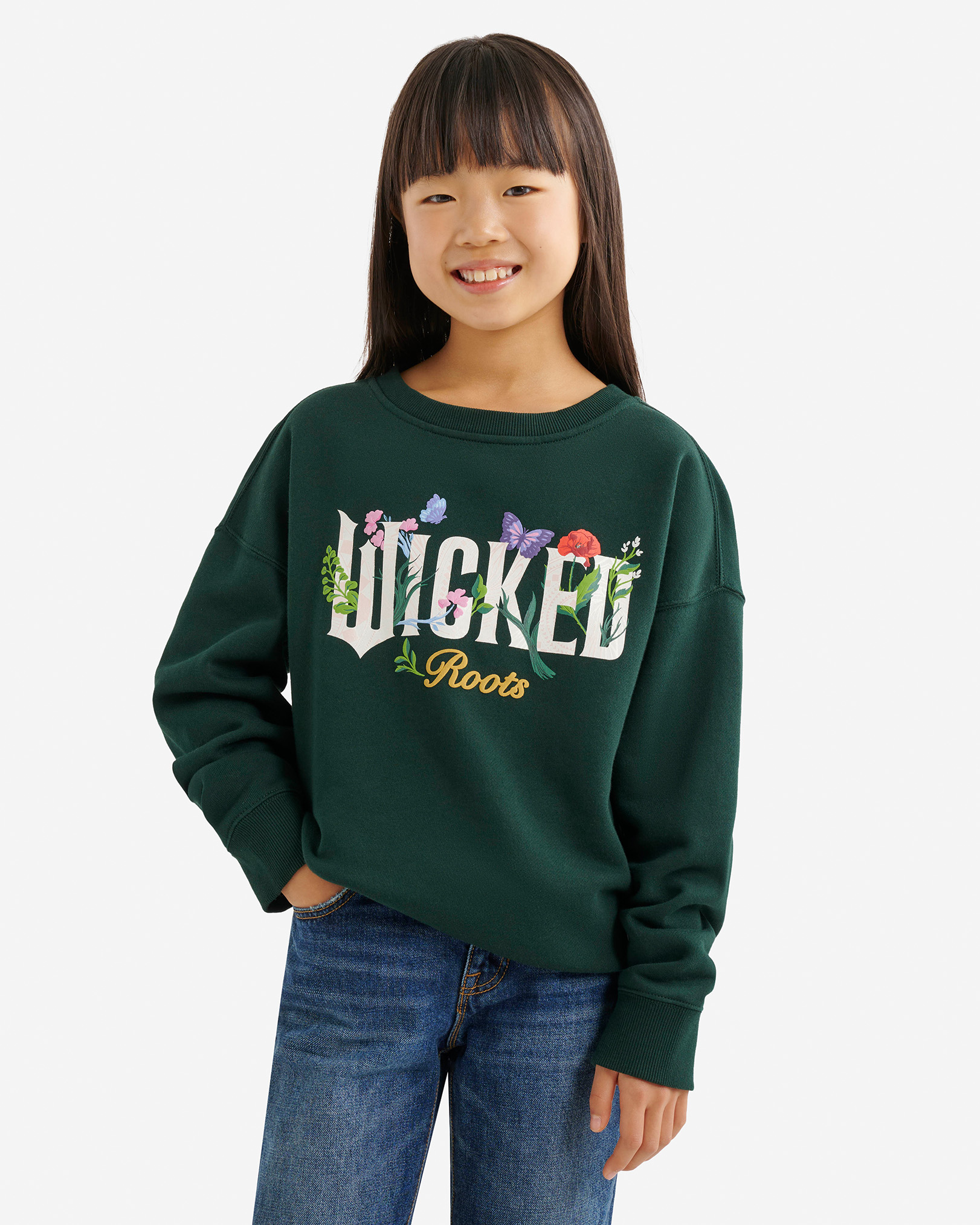 Kids Roots X Wicked Floral Crew Sweatshirt - Varsity Green