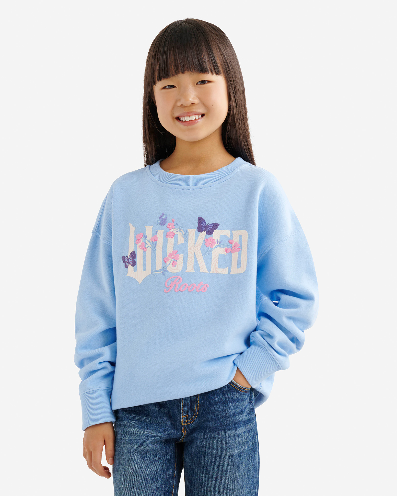 Kids Roots X Wicked Floral Crew Sweatshirt - Swiss Blue