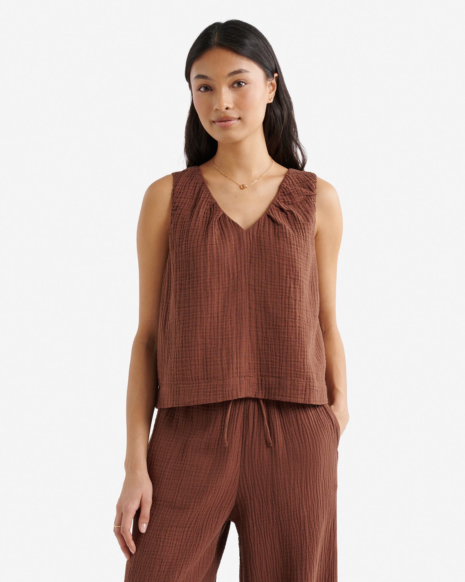 Isla Cotton Gauze Gathered Tank - Rocky Road Brown Isla Cotton Gauze Gathered Tank - Rocky Road Brown