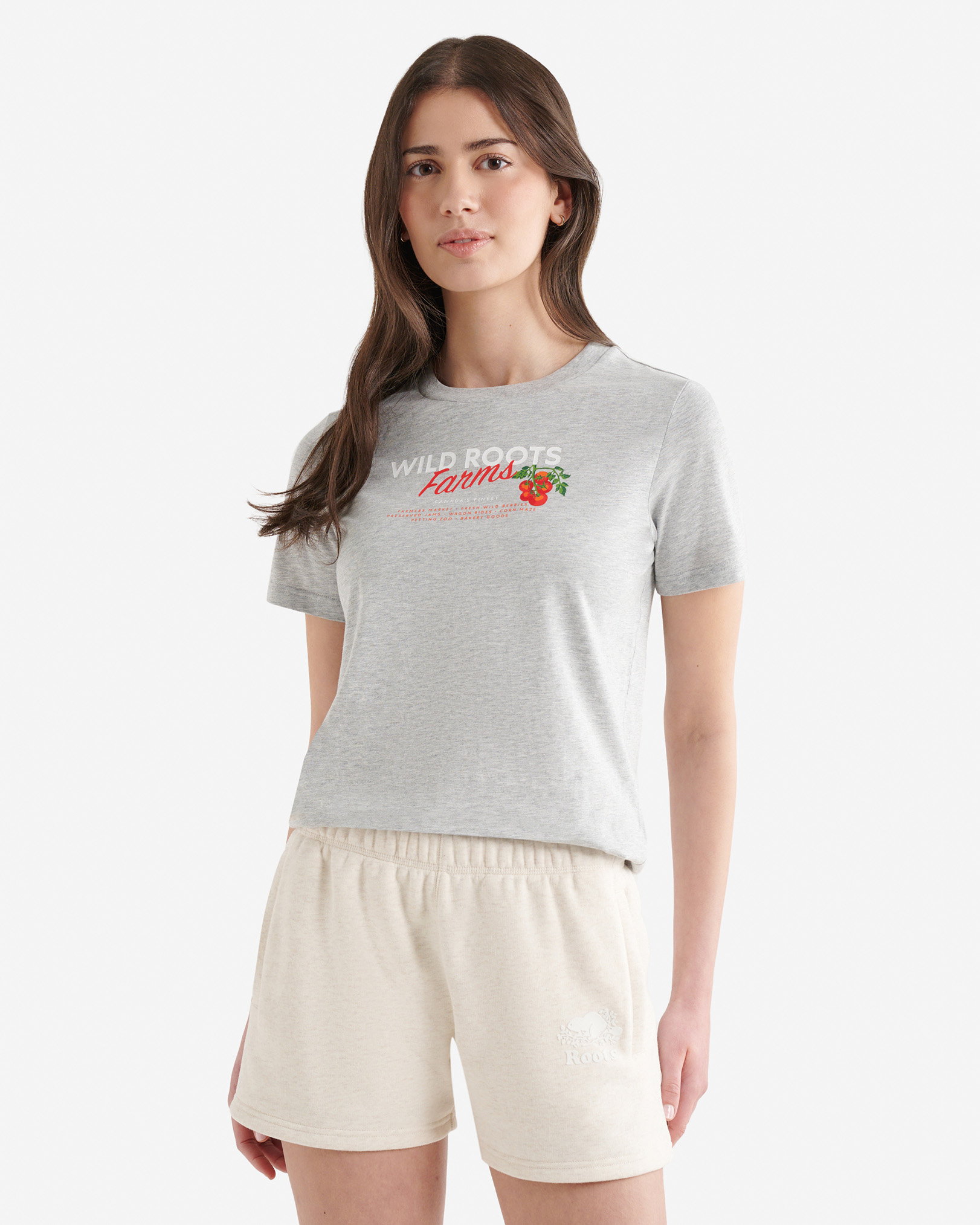Womens Roots Fruit Stamp T-Shirt - Heather Grey
