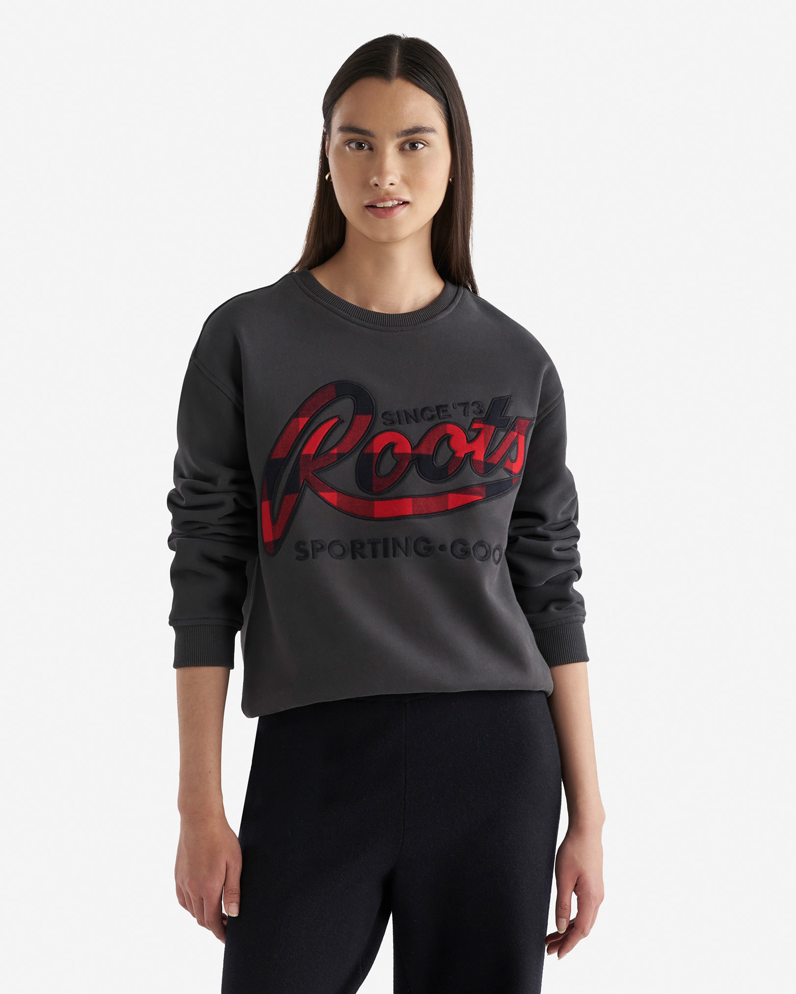 Plaid Applique Crew - Raven