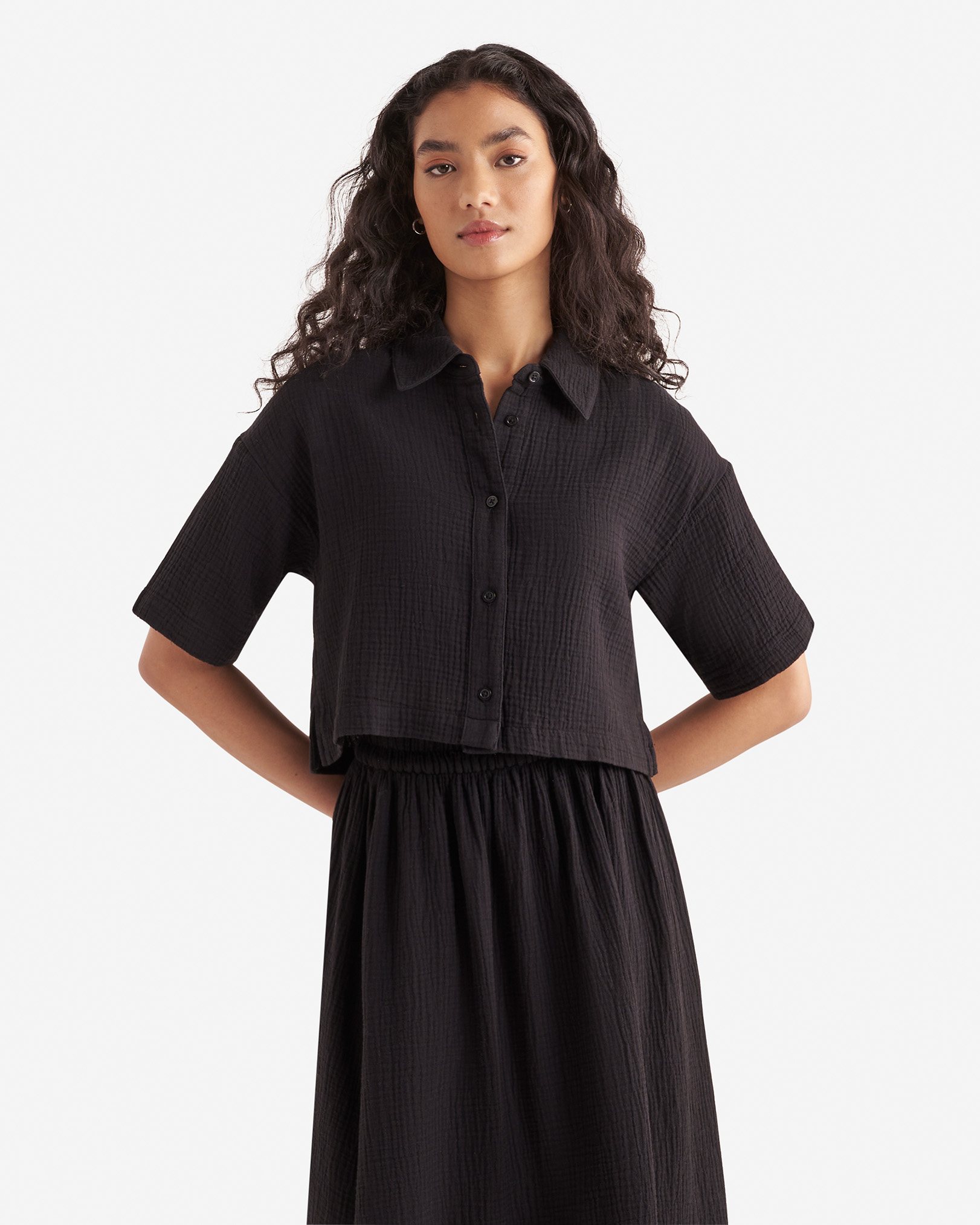 Isla Cotton Gauze Short Sleeve Shirt - Black