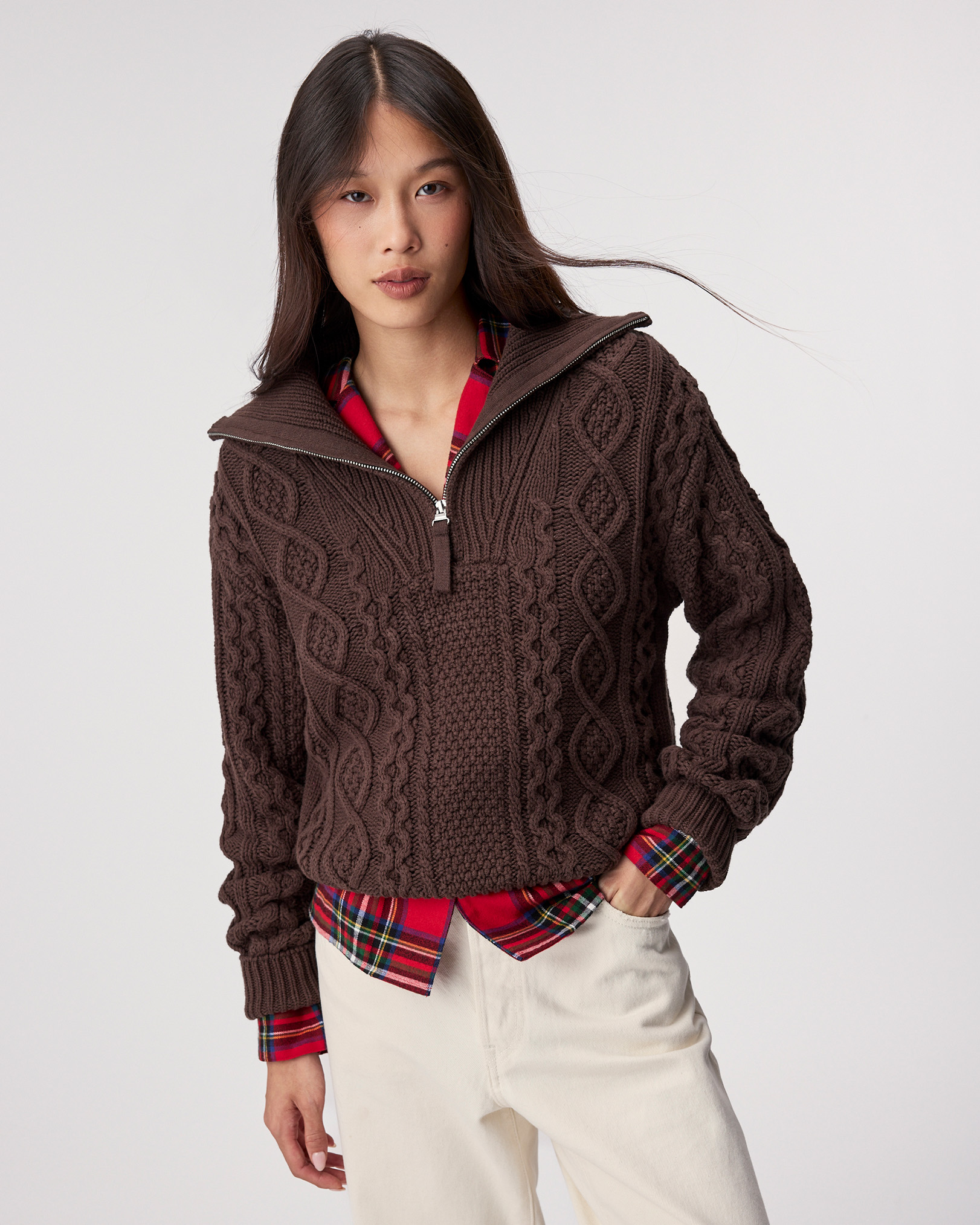 Cable Knit Quarter Zip Sweater - Black Coffee Mix Cable Knit Quarter Zip Sweater - Black Coffee Mix