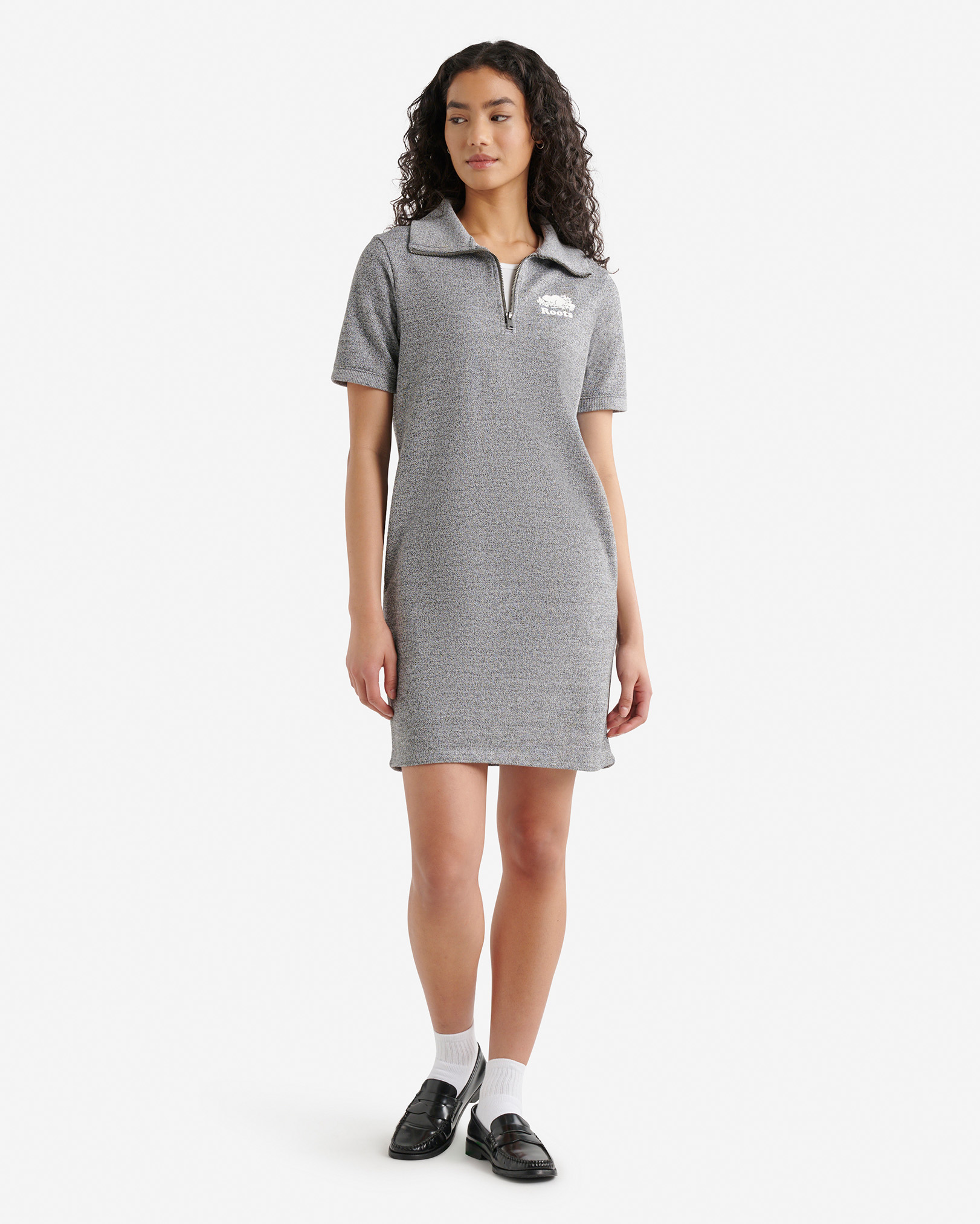 Cooper Terry Short Sleeve Quarter Zip Dress - Salt & Pepper