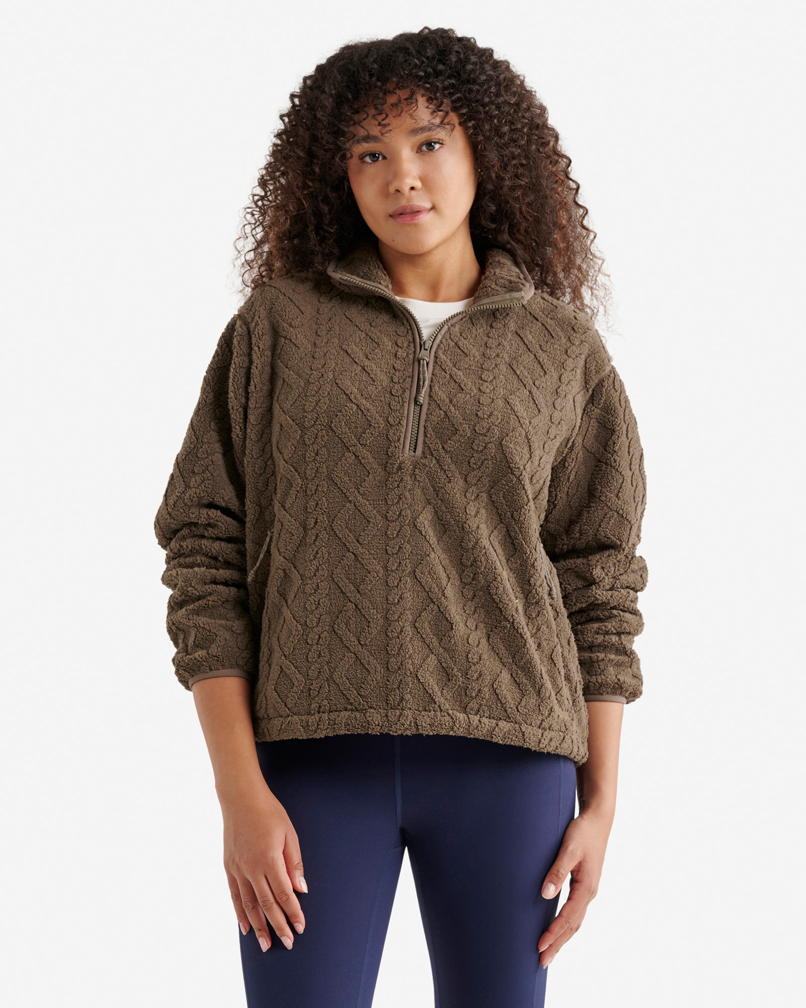 Cable Shearling Fleece Quarter Zip - Umber Brown