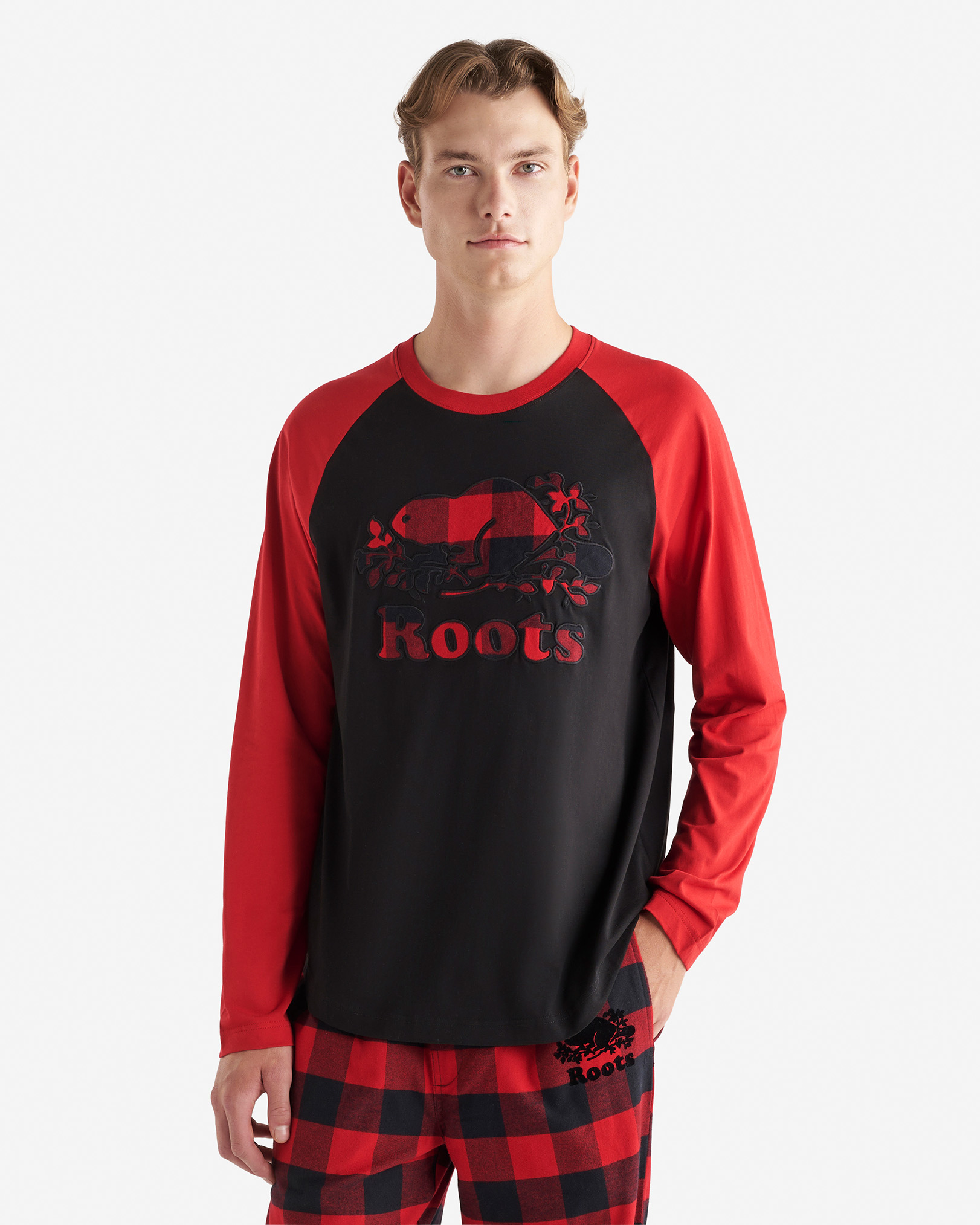 Mens Cooper Plaid Raglan Long Sleeve T-Shirt - Cabin Red