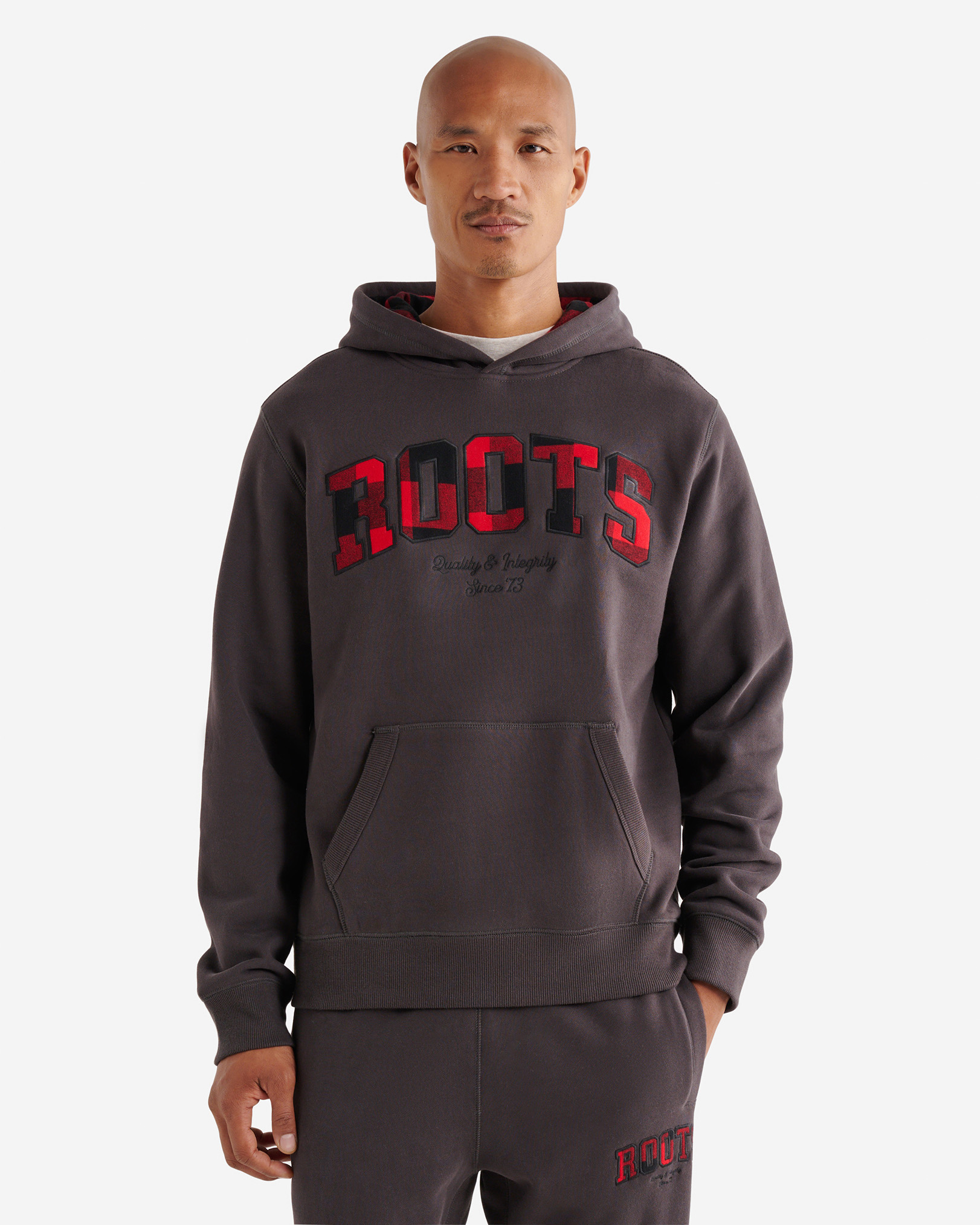 Plaid Applique Hoodie - Charcoal Black