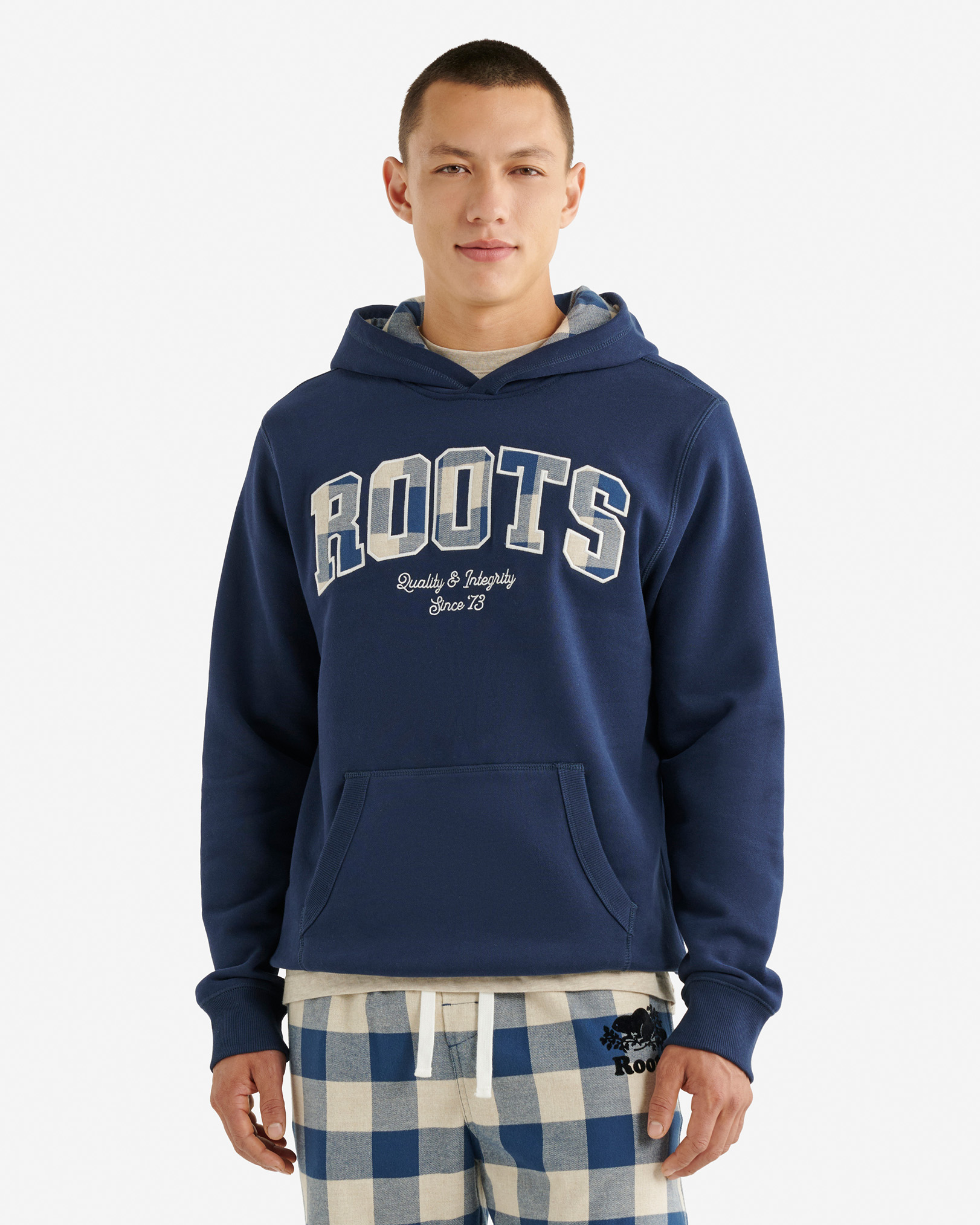 Plaid Applique Hoodie - Navy Blazer