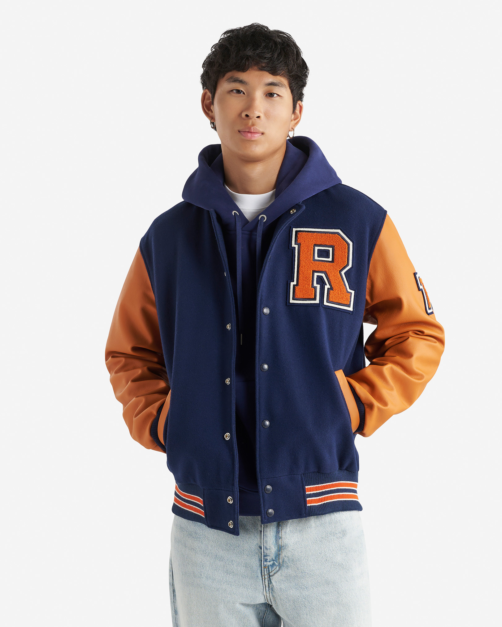 Mens Vintage Varsity Jacket - Indigo/Orange